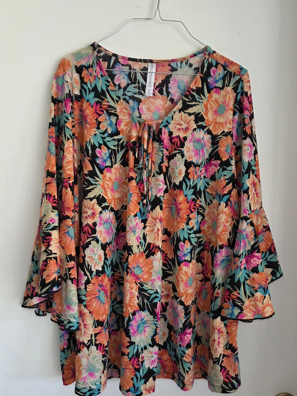 Dear Scarlett Black Floral Tie-Front Tunic with Orange, Pink & Teal Blooms Xl